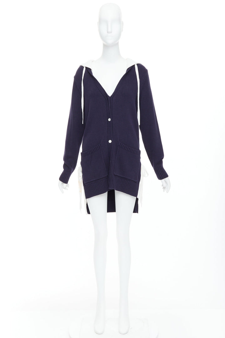 MONSE navy white cotton blend laced side hooded cardigan XS