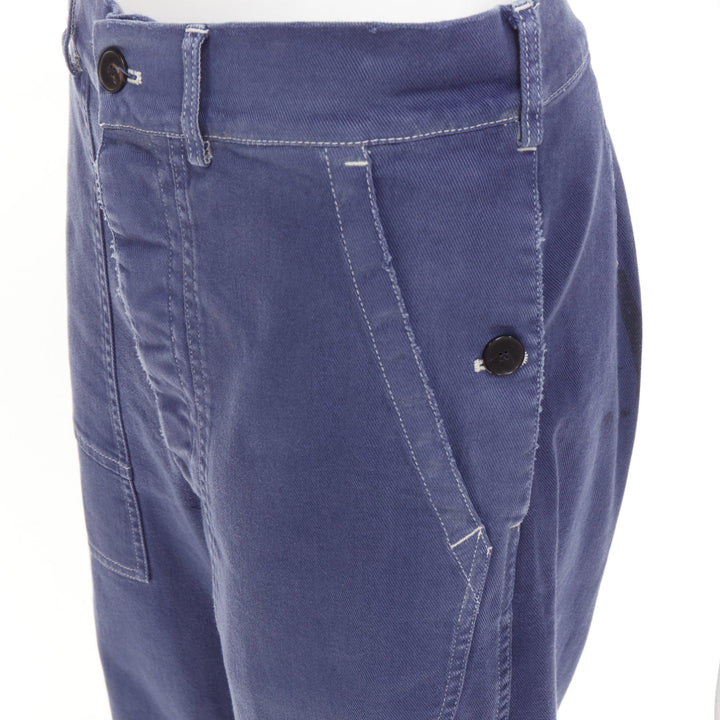 DIOR blue cotton whtie stitch palm print back utility cargo pants FR36 S