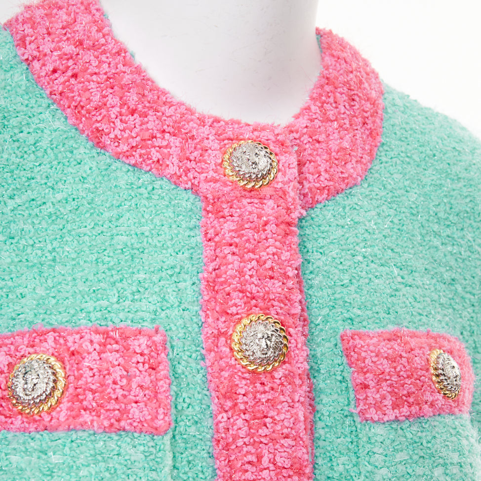 BALMAIN 2024 green pink boucle lurex buttoned knit cardigan FR34 XS