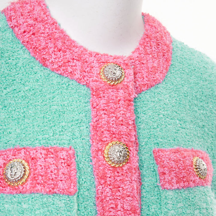 BALMAIN 2024 green pink boucle lurex buttoned knit cardigan FR34 XS