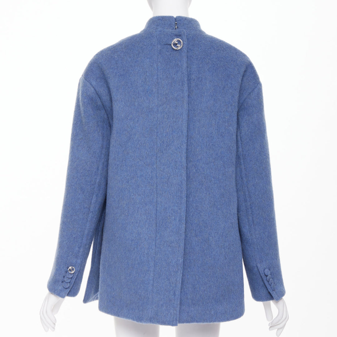GUCCI 2024 Runway blue mohair wool back button open vent flared coat IT38 S