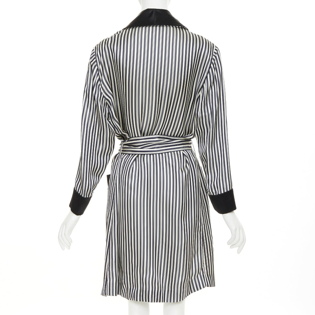 LANVIN grey black striped viscose floral applique belted robe outerwear FR34 XS
