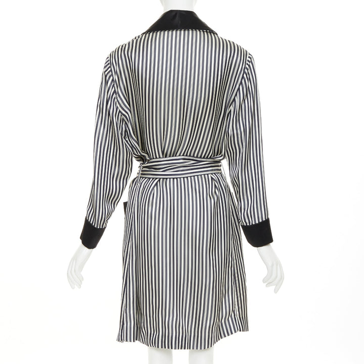 LANVIN grey black striped viscose floral applique belted robe outerwear FR34 XS