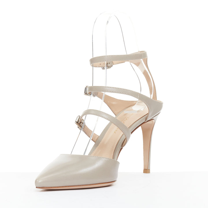 GIANVITO ROSSI Carey Mid Pointy dusty grey triple straps pointy pumps EU37.5