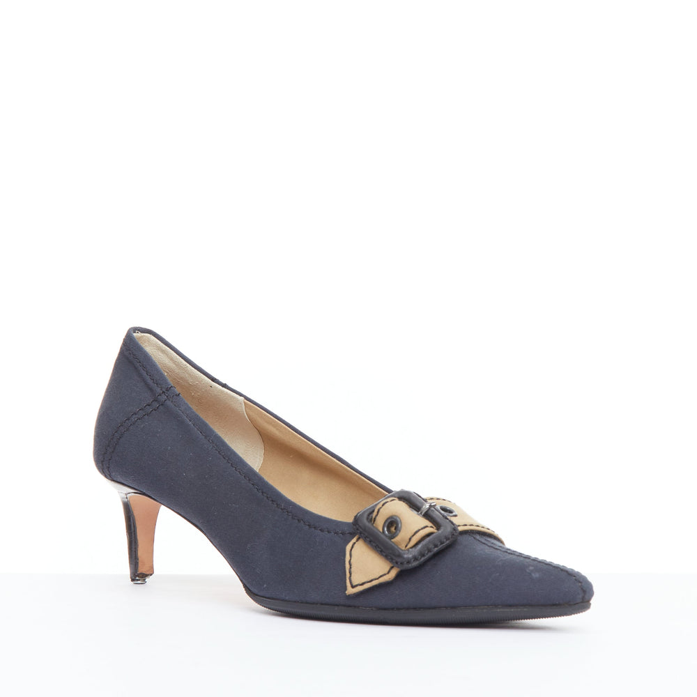 Female mannequin wearing Miu Miu by Miuccia Prada Navy Fabric Women Heels in Size EU36.5 | Available at JHROP