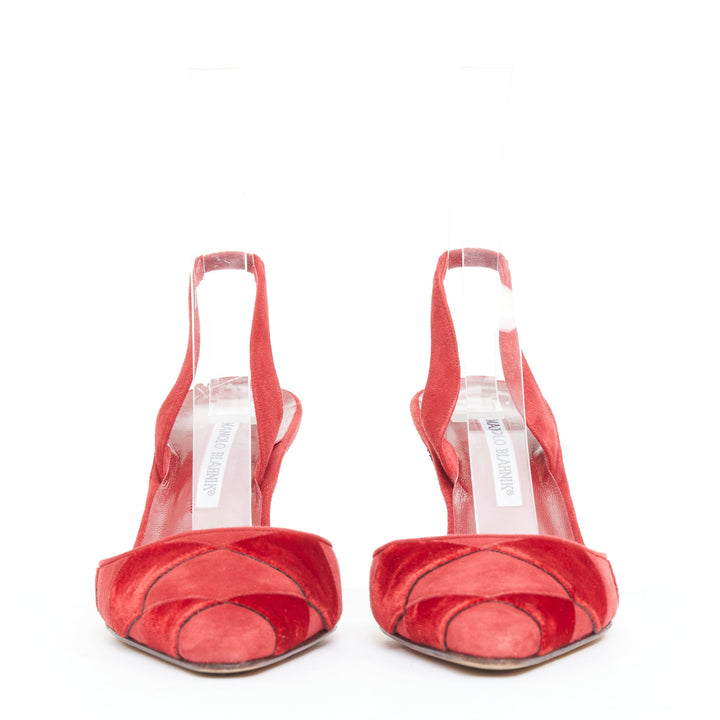 rare MANOLO BLAHNIK red suede harlequin check slingback pumps EU38
