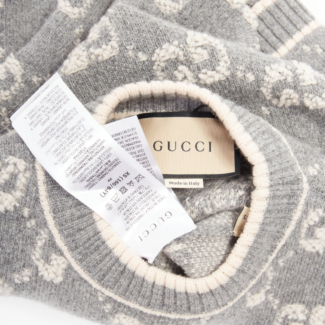GUCCI grey pale pink wool GG monogram intarsia boucle crop sweater XS