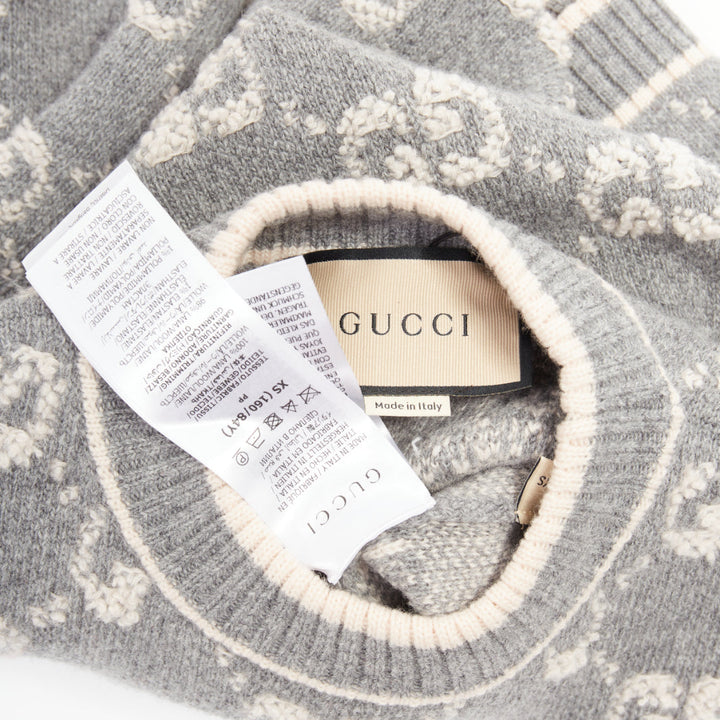 GUCCI grey pale pink wool GG monogram intarsia boucle crop sweater XS