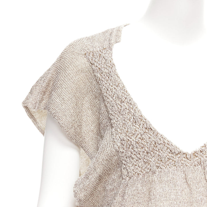 DRIES VAN NOTEN silver linen blend lurex open neck knitted top M