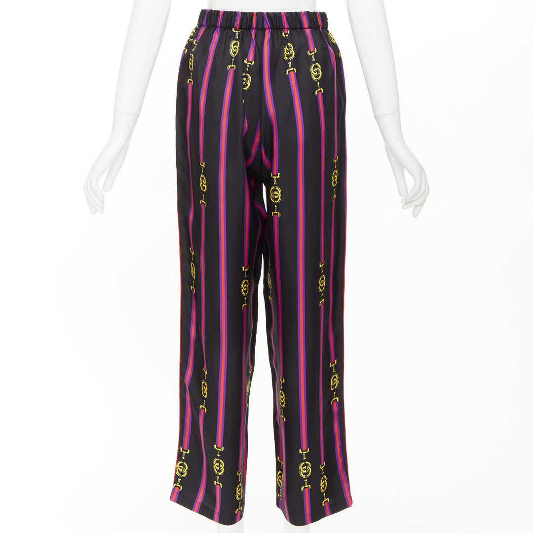 GUCCI Garden 100% silk black purple yellow equestrian GG buckle pajama pants XS