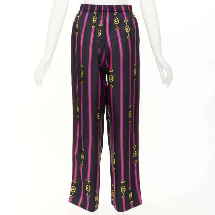 GUCCI Garden 100% silk black purple yellow equestrian GG buckle pajama pants XS