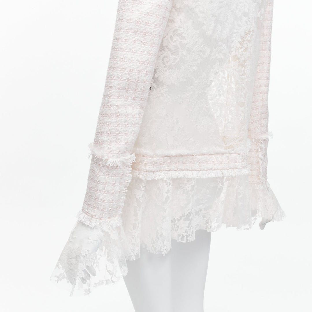 BALMAIN Spencer pink white tweed sheer lace ruffle blazer jacket FR34 XS