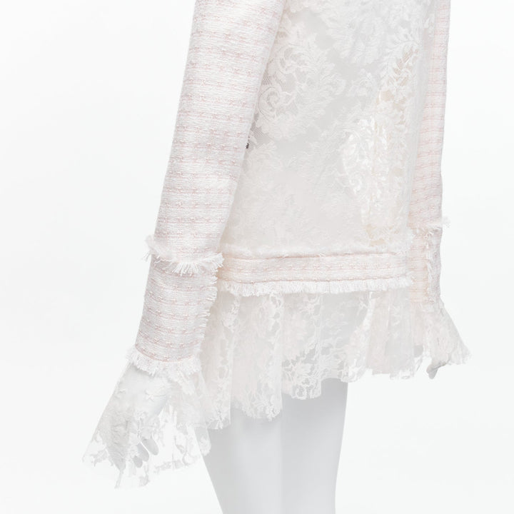 BALMAIN Spencer pink white tweed sheer lace ruffle blazer jacket FR34 XS