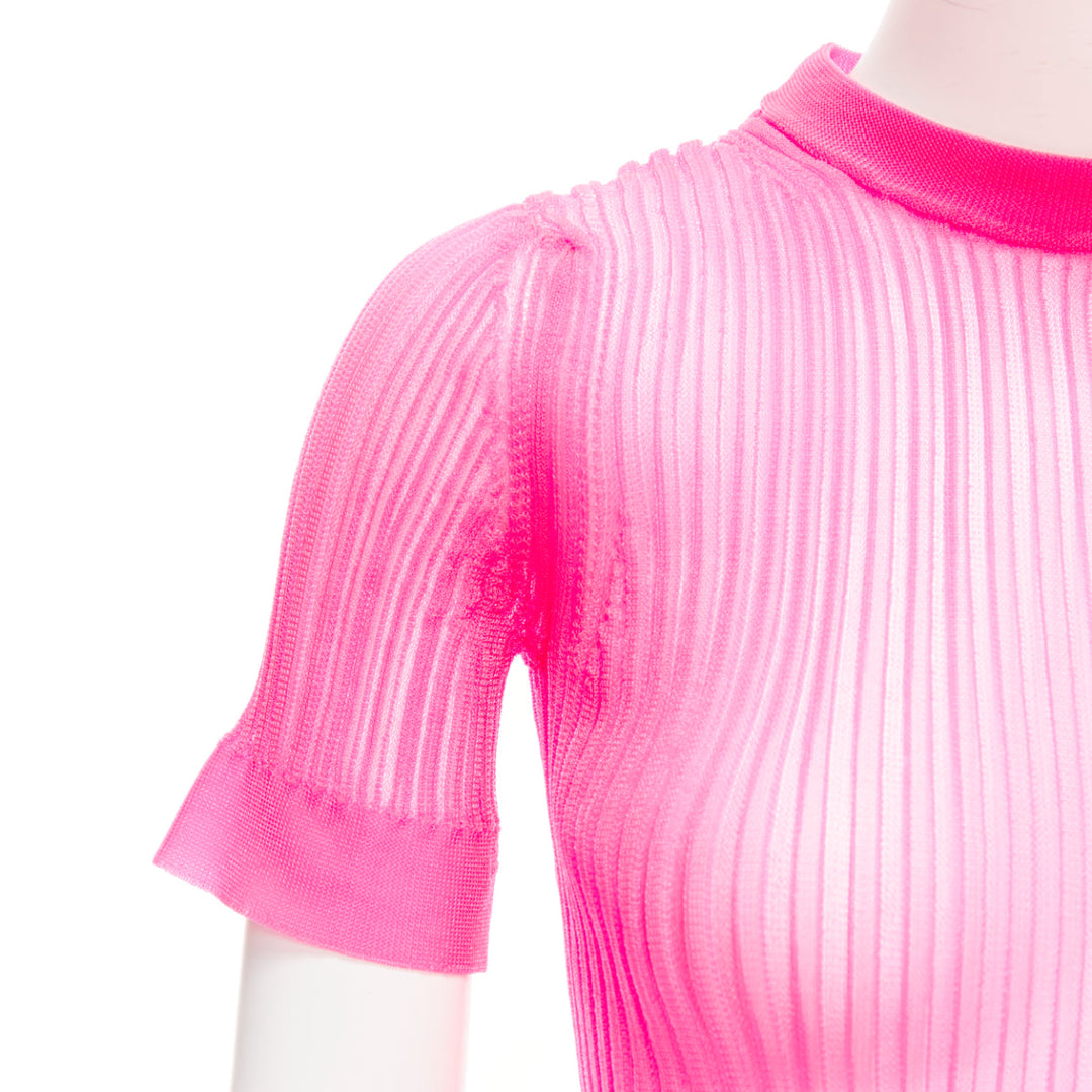 CECILIE BAHNSEN Fabienne neon pink ribber sheer crew flare sleeve top XS