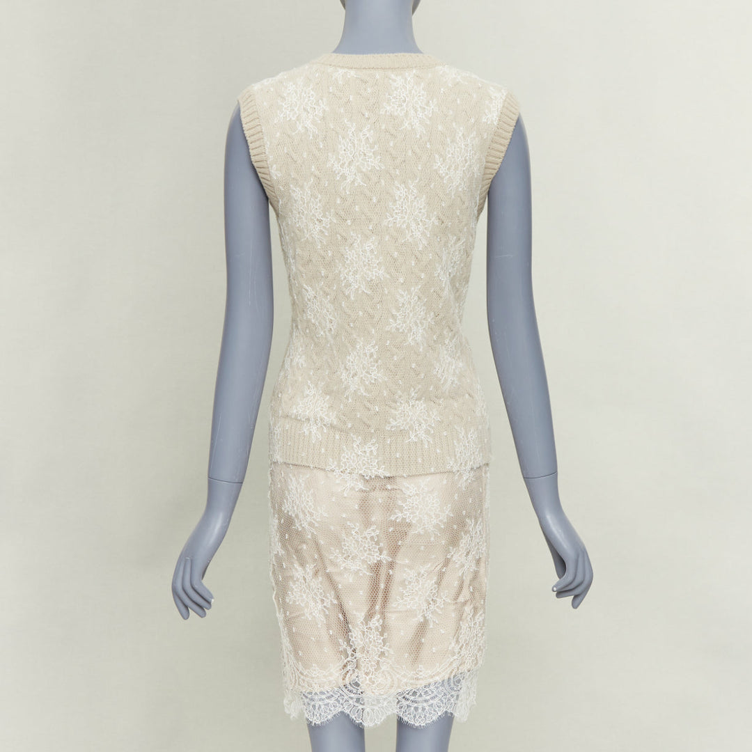 LOUIS VUITTON beige wool cream lace overlay V neck sleeveless knit dress S