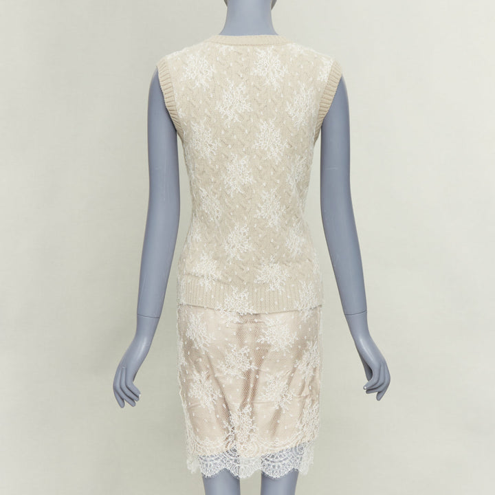 LOUIS VUITTON beige wool cream lace overlay V neck sleeveless knit dress S