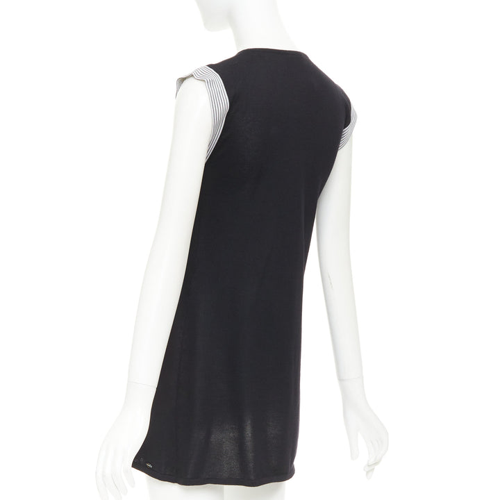 CHANEL 07P Runway black cashmere silk off white bow metal chain dress FR38 M