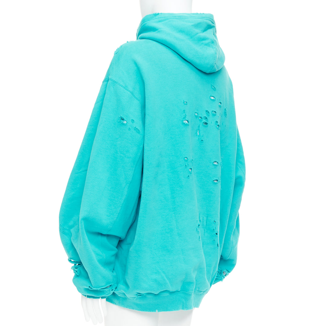 BALENCIAGA Demna 2020 teal destroyed ripped layered logo hoodie S