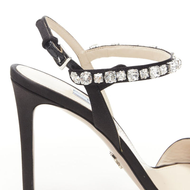 PRADA black satin crystal embellished strappy high heel sandals EU37.5