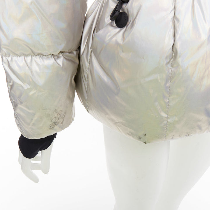 MONCLER Ollignan holographic silver duo collar belted puffer ski  jacket Sz.0 XS