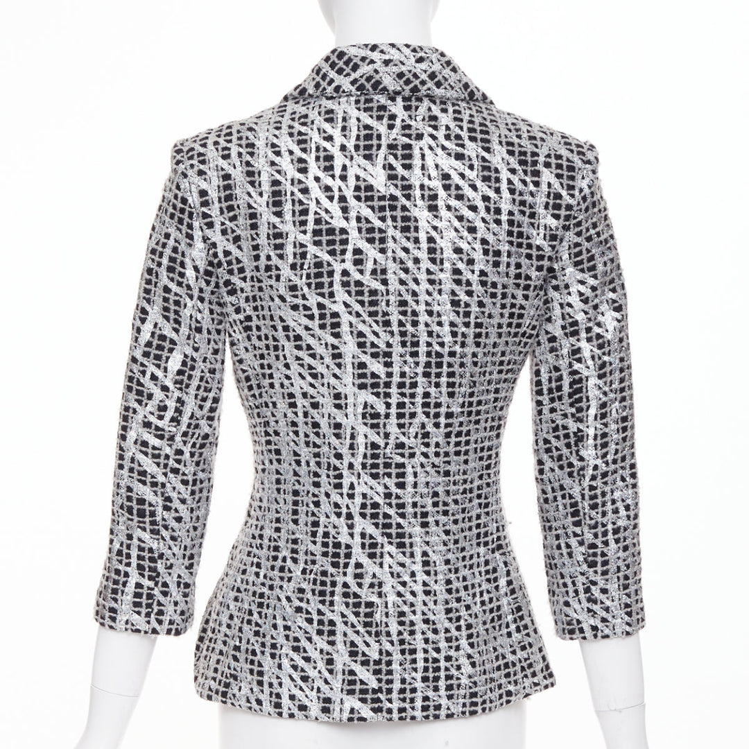 CHANEL 2012 Runway Silver Metallic Graffiti black check tweed jacket FR36 XS