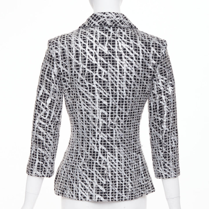 CHANEL 2012 Runway Silver Metallic Graffiti black check tweed jacket FR36 XS