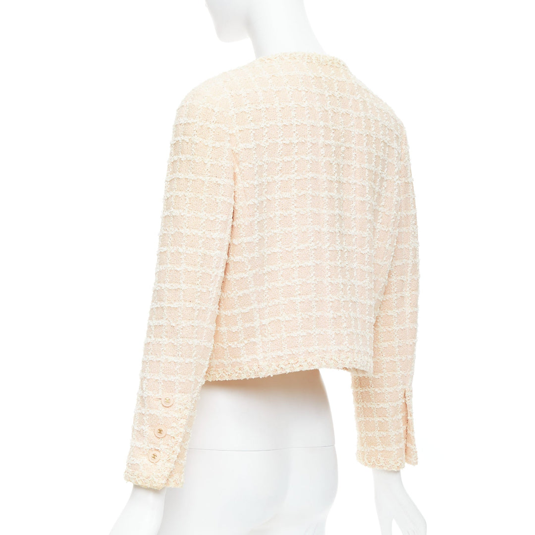 rare CHANEL 94P Vintage pink cotton tweed cropped jacket FR40 L