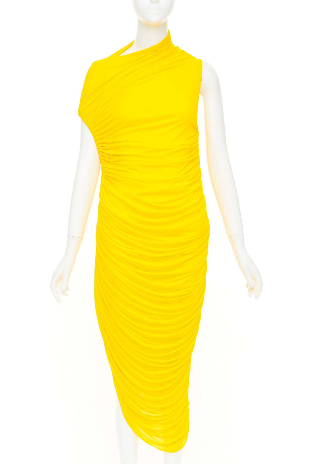 FERRAGAMO Maximilian Davis 2023 Runway yellow asymmetric ruched dress IT38 XS