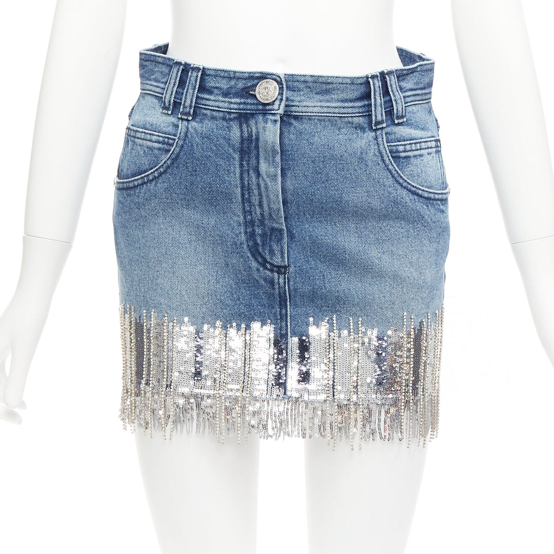 BALMAIN washed blue denim silver crystal sequins fringe mini skirt FR34 XS