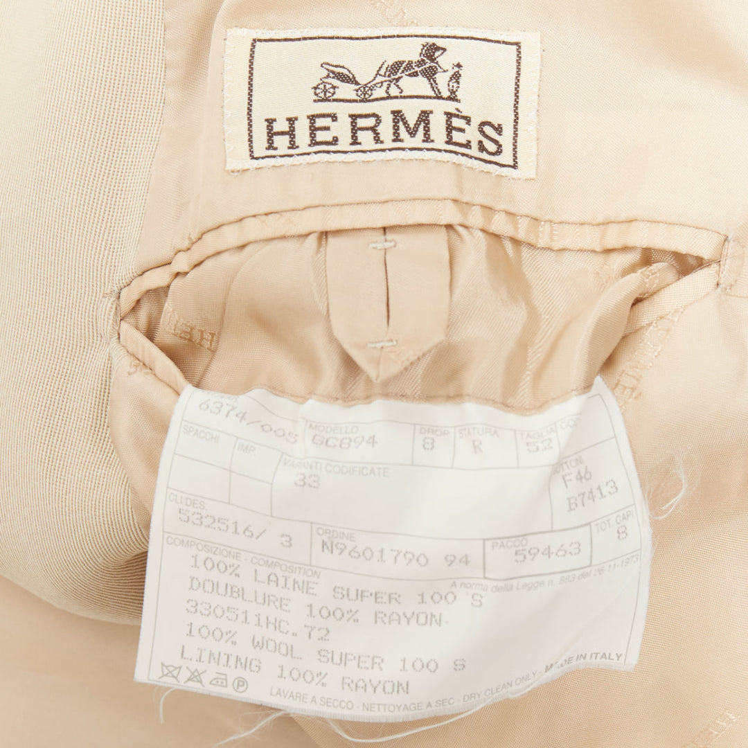 HERMES beige 100% wool twill horn buttons minimal long coat IT46 S