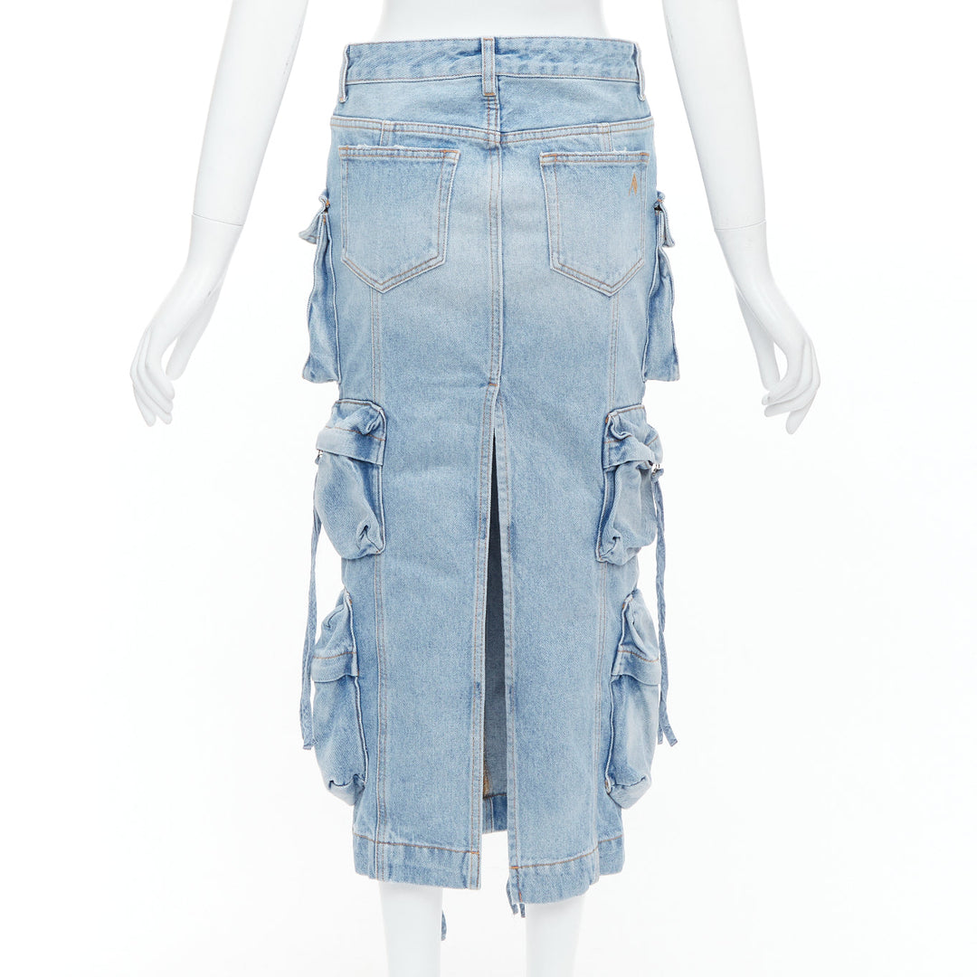 THE ATTICO blue washed denim multi pocket cargo midi skirt 24"