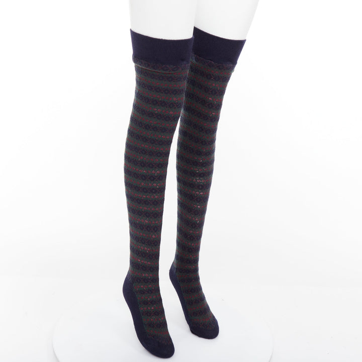 rare CHANEL logo charm navy green red striped cashmere silk thigh high socks M