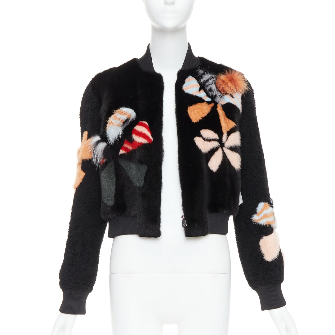 FENDI black floral fur leather lined cropped bomber jacket IT40 S