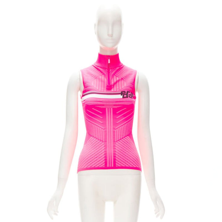 PRADA 2018 pink graphic Racing Sports Logo bodycon zip up top XS