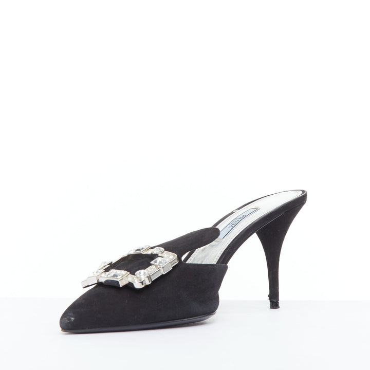 PRADA black crystal rectangle buckle suede leather mules EU39