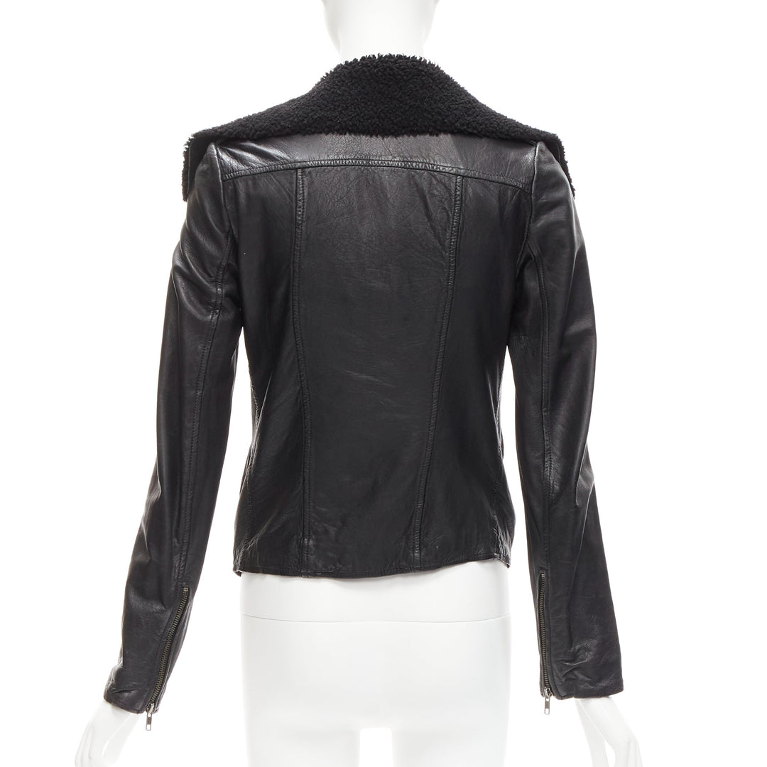 ALL SAINTS Nene black sheepskin leather shearling lined biker jacket UK8 S