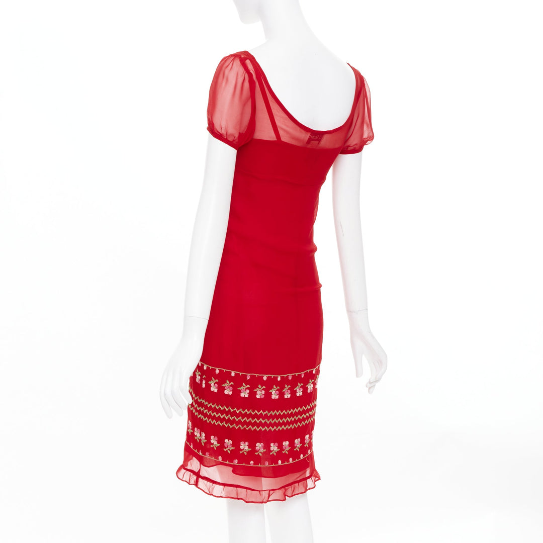 JILL STUART red sheer silk embroidered puff sleeve square neck mini dress US2 S