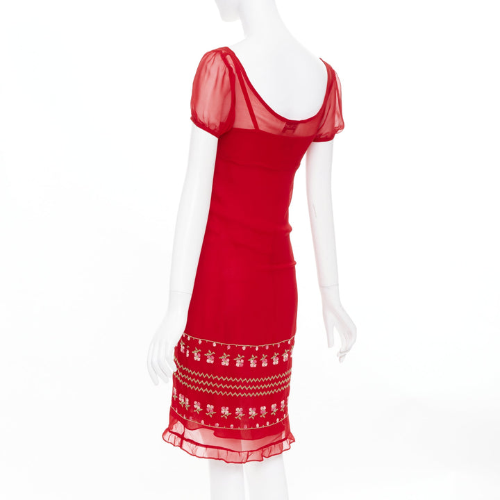 JILL STUART red sheer silk embroidered puff sleeve square neck mini dress US2 S