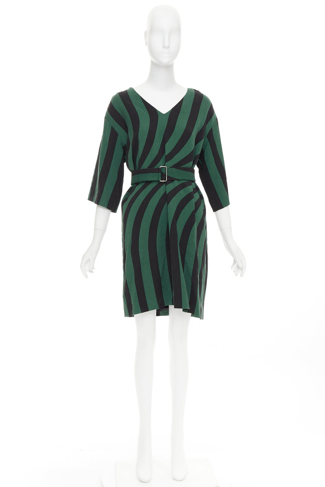 DRIES VAN NOTEN 2017 green black swirl stripes graphic belted dress FR42 XL