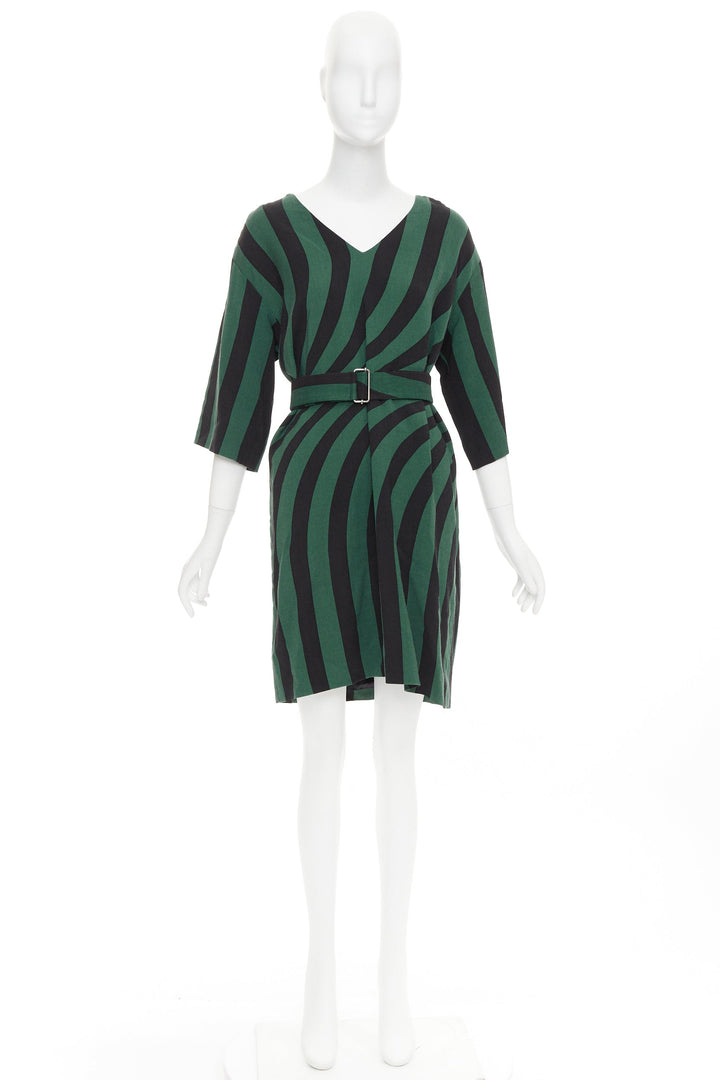 DRIES VAN NOTEN 2017 green black swirl stripes graphic belted dress FR42 XL
