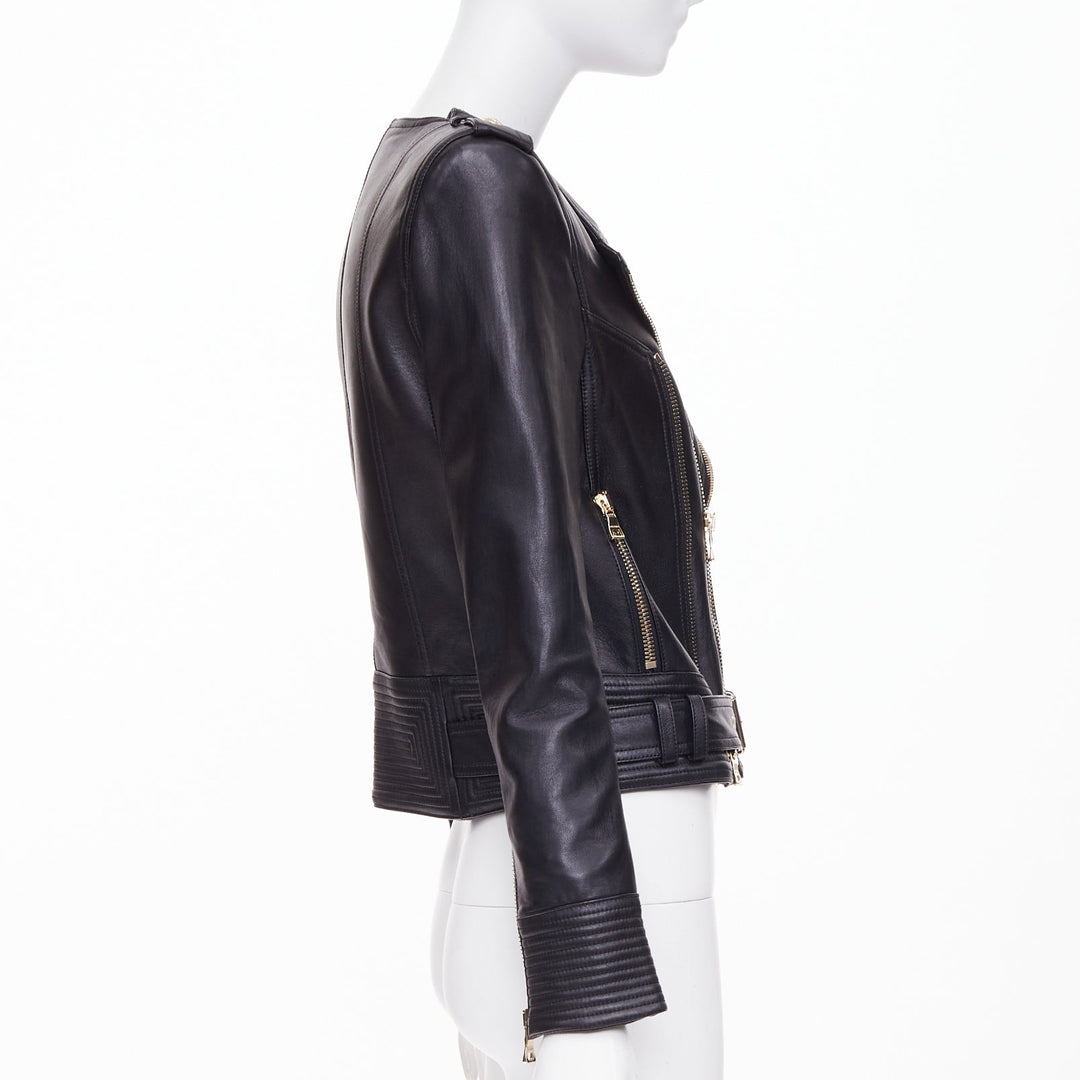 BALMAIN 2020 black quilted lambskin leather belted perfecto biker jacket FR34 XS