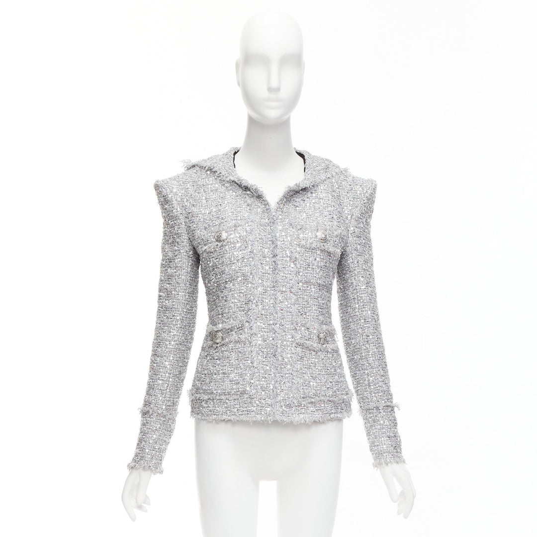 BALMAIN silver sequinned boucle tweed hooded power shoulder jacket FR36 S