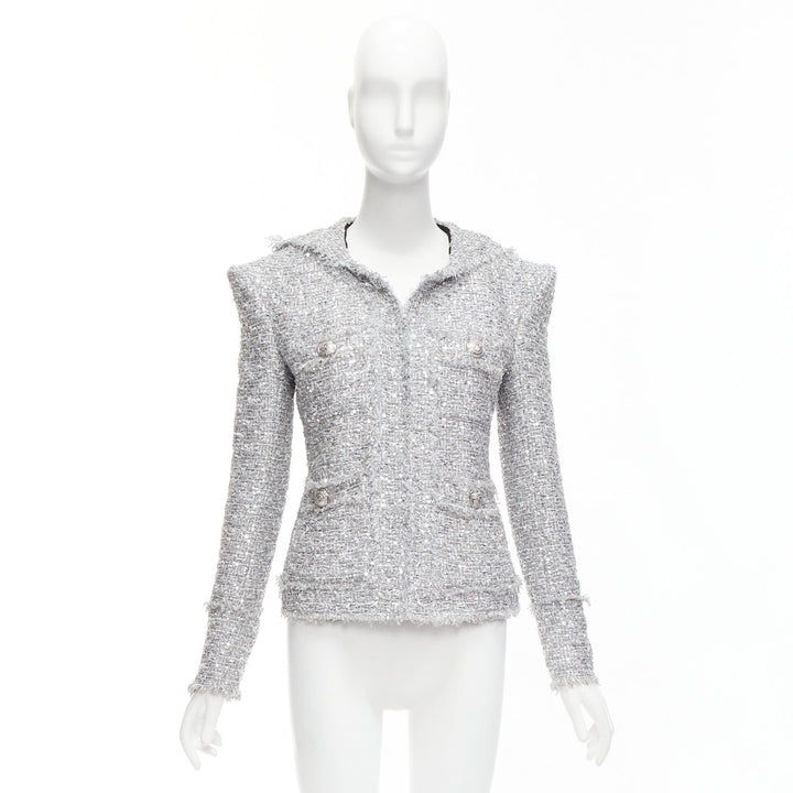 BALMAIN silver sequinned boucle tweed hooded power shoulder jacket FR36 S