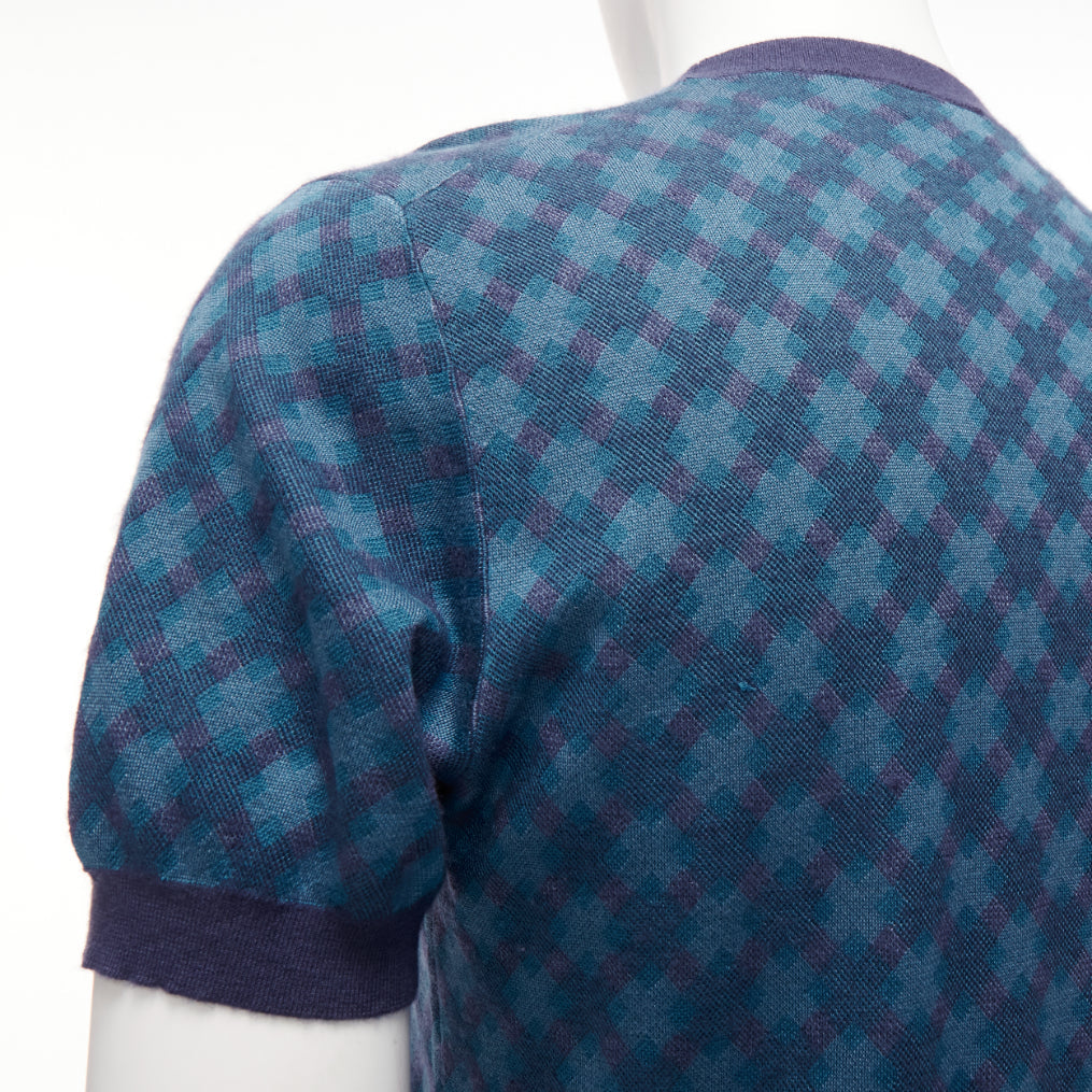 BRIONI silk cashmere blue navy diagonal check short sleeve sweater IT50 L