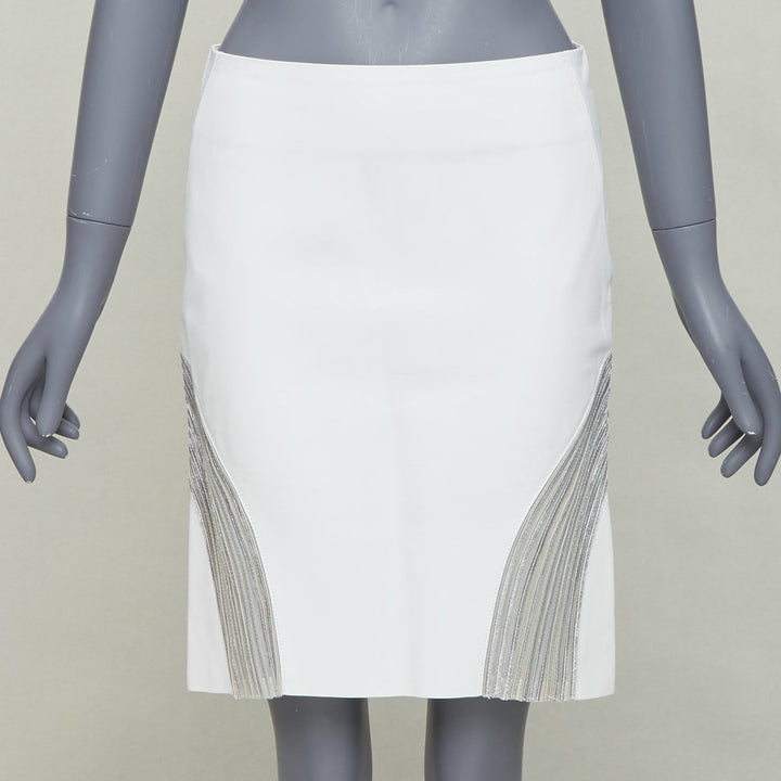 JEAN CLAUDE JITROIS white  leather silver silk applique pencil skirt IT36 XXS