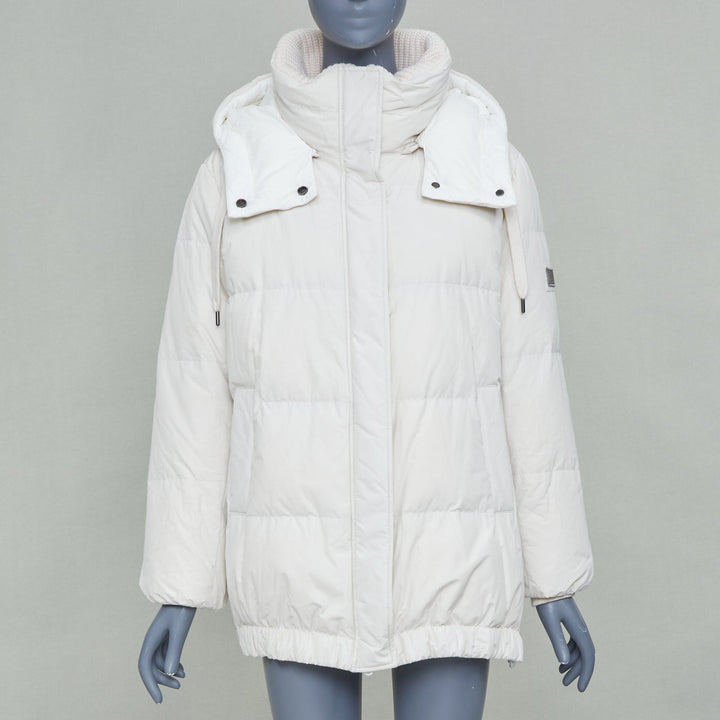 BRUNELLO CUCINELLI white puffer hooded cashmere trim down coat jacket IT40 S