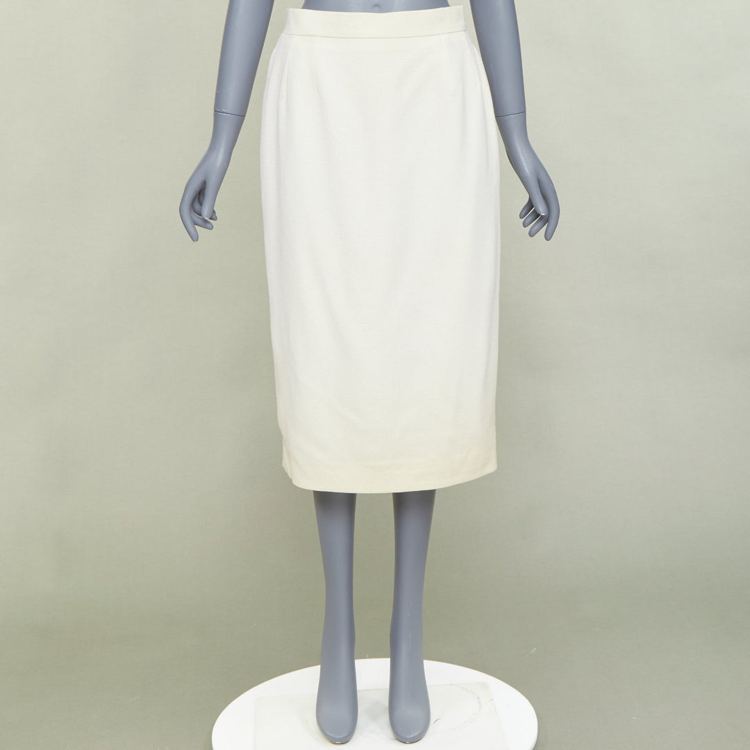 CHANEL 93P ivory wool gold CC logo button slit silk pencil skirt FR42 XL