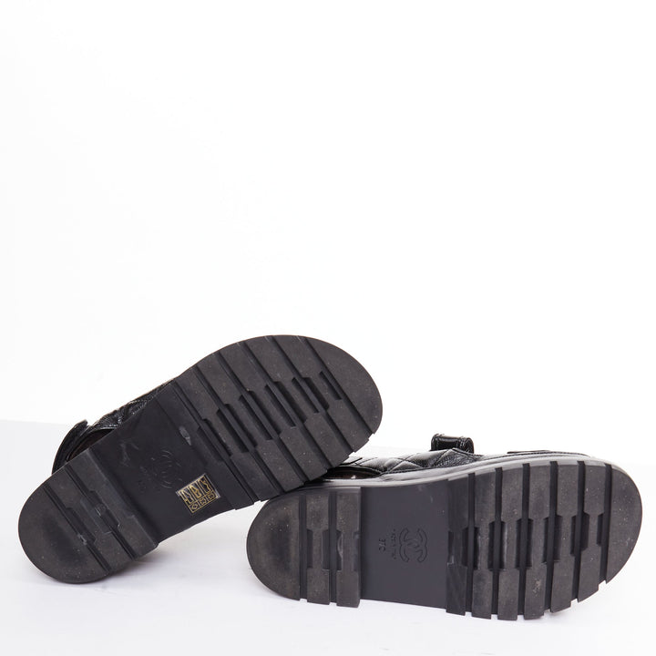 CHANEL 2023 black laminated lambskin shearling crystal CC dad sandals EU37
