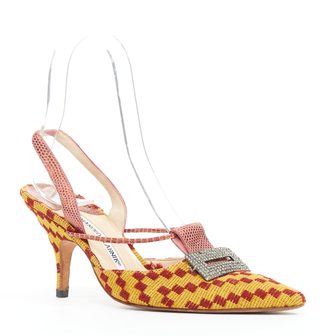 rare MANOLO BLAHNIK Vintage red yellow scaled crystal buckle slingback pump EU37
