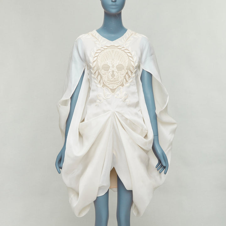 rare ALEXANDER MCQUEEN Vintage 2009 Runway skull embroidered drape dress IT38 XS
